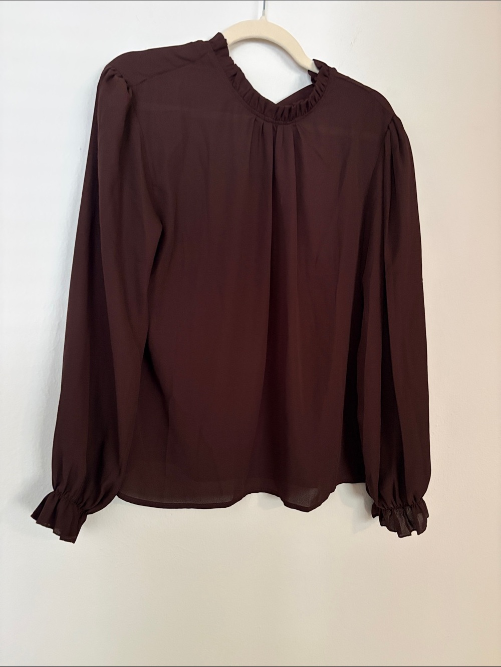 Womens Long Sleeve Ruffle Neck Blouse - Deep Brown